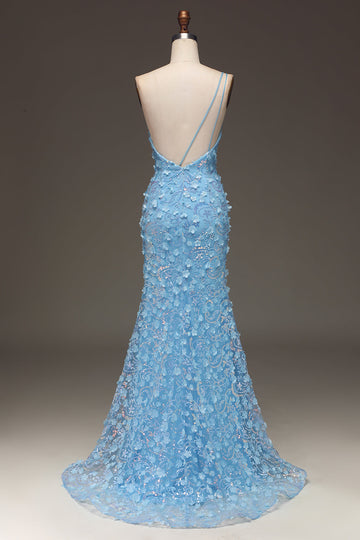 Light Blue Mermaid One Shoulder Side Slit Sequin Ball Dress with Appliques